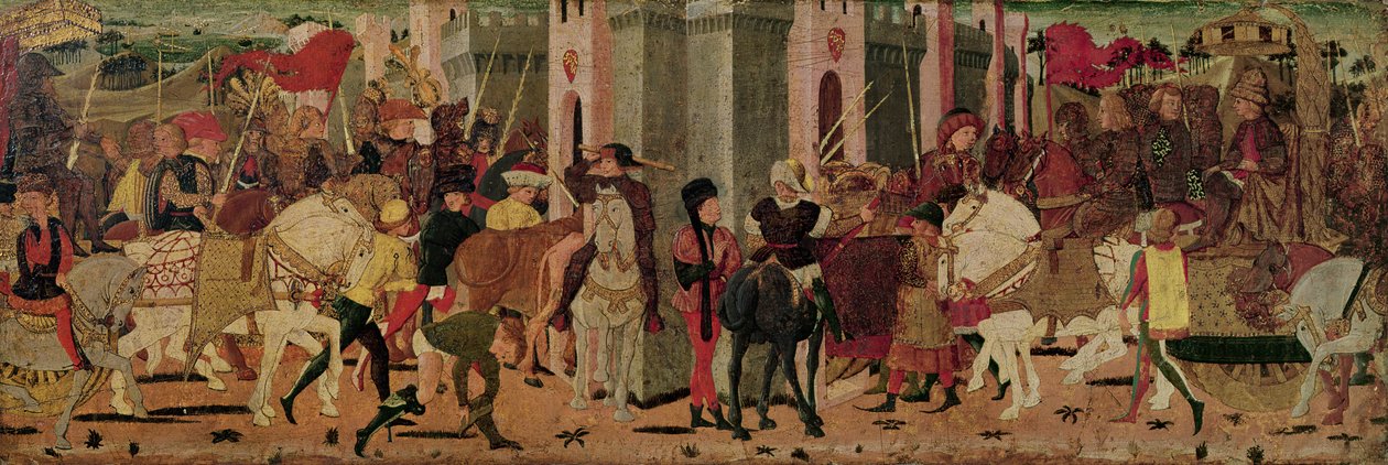 Titus Flavius Vespasianus (i.sz. 9-79) és Titus (i.sz. 38-91) beutazása Rómába, 1450 körül (olaj, tábla) alkotó: Italian School