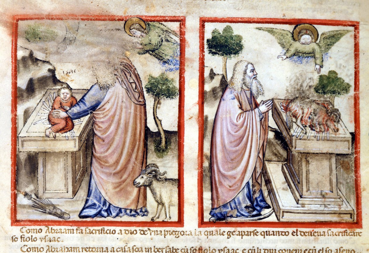 Ábrahám Izsák feláldozásának epizódja. Miniatűr a Codex 212-ből (vagy Paduai Codexből vagy Páduai Bibliából) 1390-1400 Rovigo, Accademia dei Concordi alkotó: Italian School