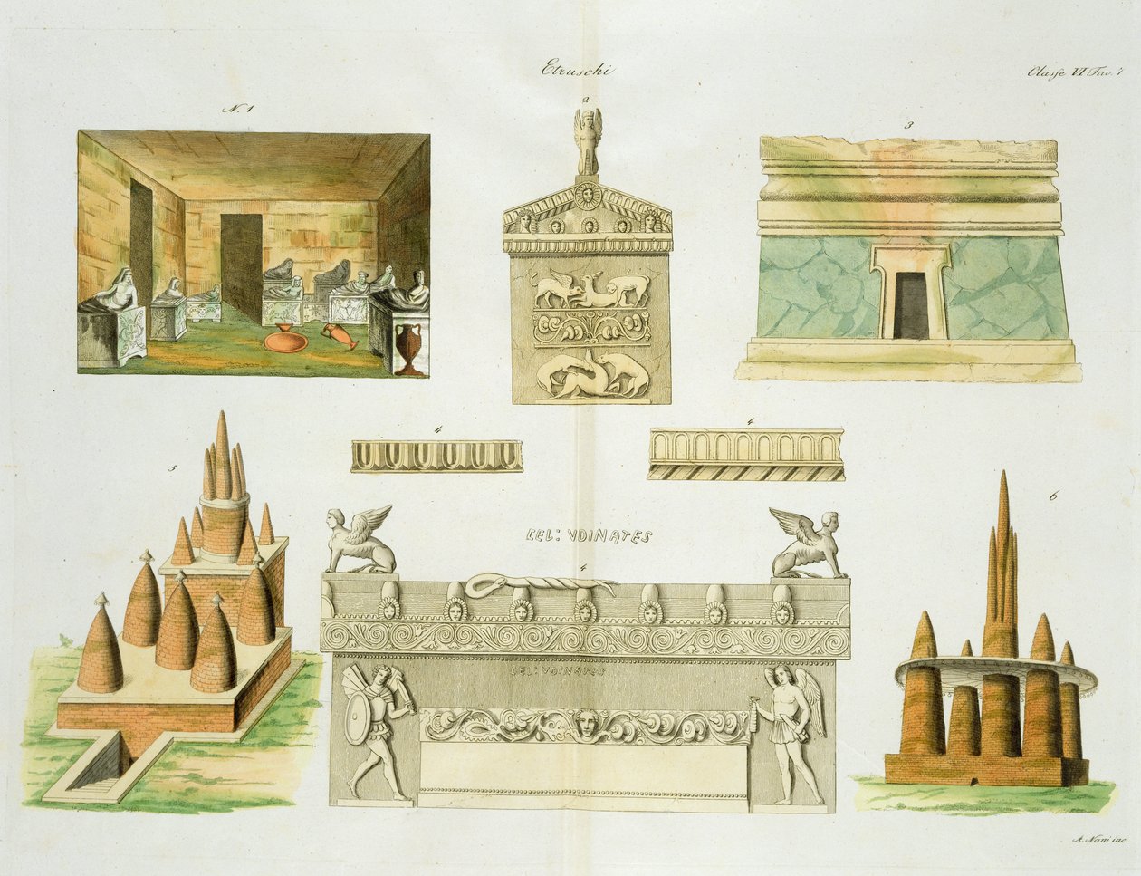 Etruszk szarkofágok és sírok, 7. tábla, 6. osztály A Nemzetek története I. részéből, A. Nani (akvatinta) metszete alkotó: Italian School
