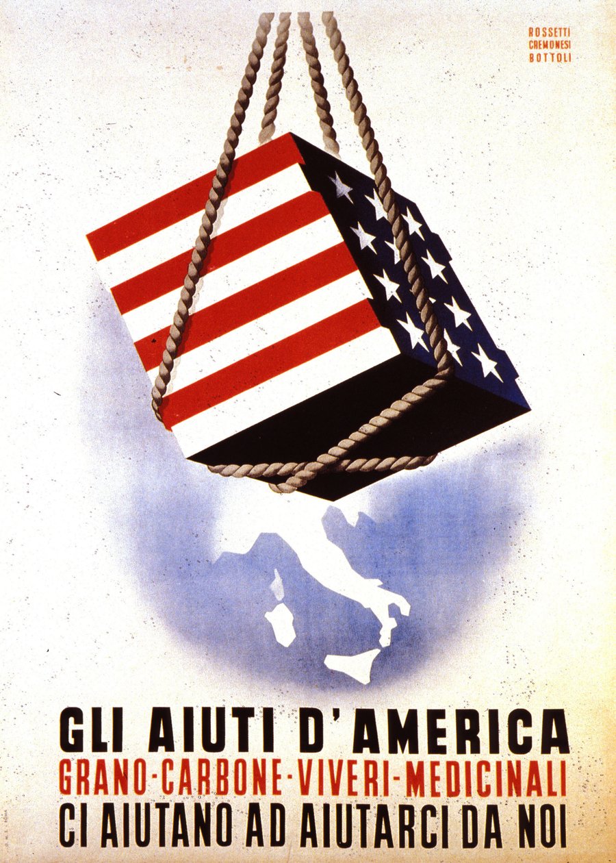 Európai helyreállítási program (ERP) (1948-1952): "Amerikai segítség Európa újjáépítéséhez". Rossetti - Cremonesi - Bottoli plakátja 1948-ból (plakát) alkotó: Italian School