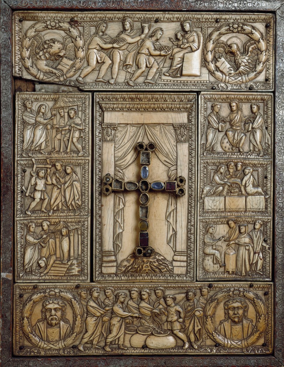 A „Dittico delle cinque parti” (Az Öt rész jelképe) elefántcsont színű evangélikus borítója a jus istenségének epizódjait díszíti. 5. század. Milánó, Tesoro del Duomo alkotó: Italian School