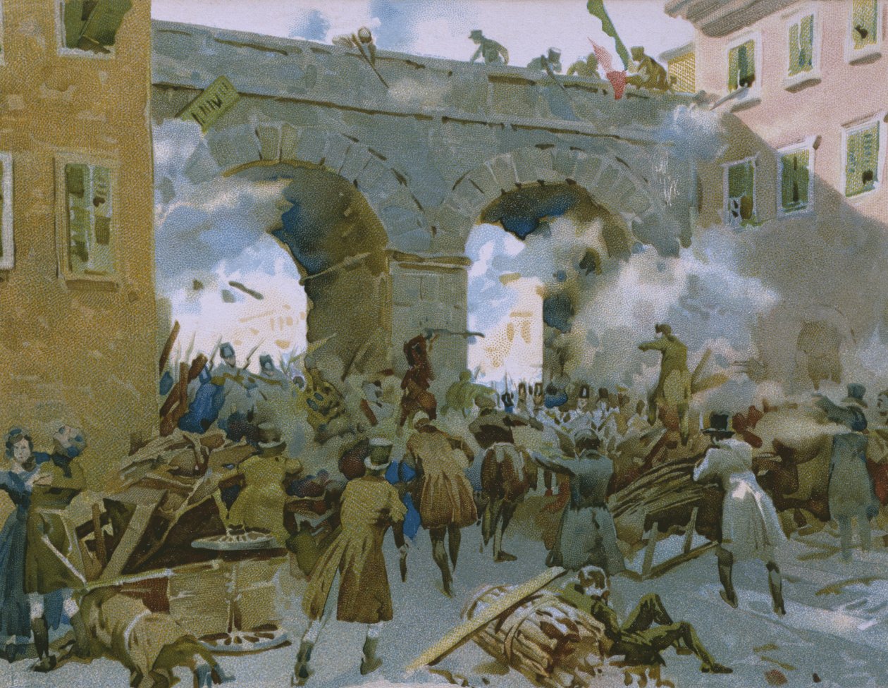 Események 1848. március 18. és 22. között, milánóiak üldözik az osztrákokat, illusztráció a Risorgimento történetét bemutató albumból a Talmone csokoládéhoz, 19. század vége alkotó: Italian School