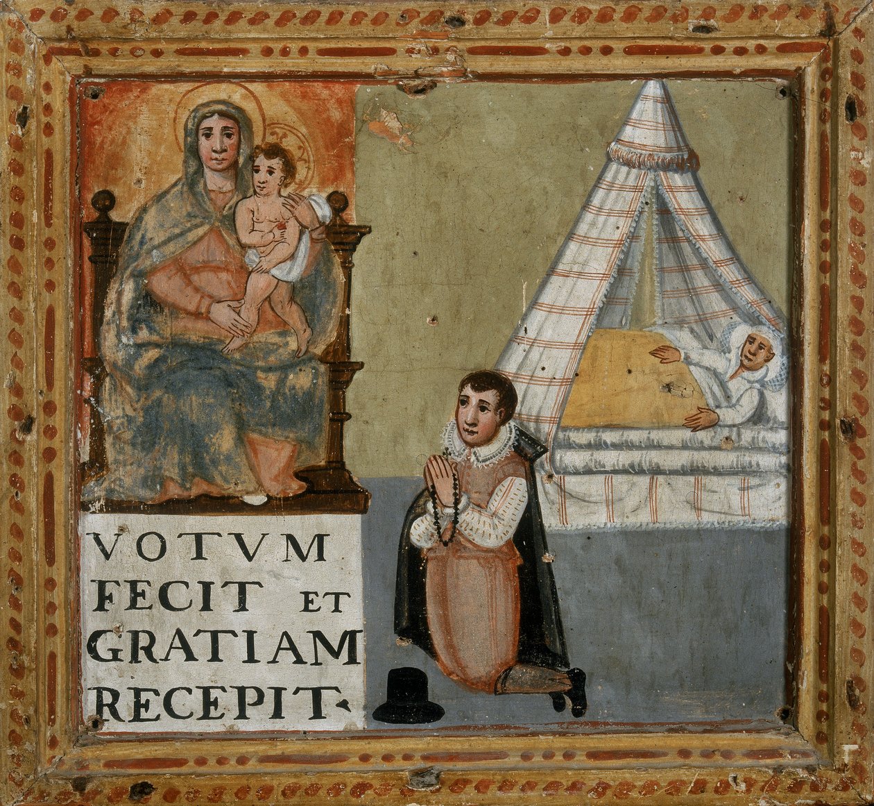 Ex-voto, amely egy férfit ábrázol, aki térden állva köszönetet mond a Szűznek, hogy meggyógyult egy betegségből, 1604 alkotó: Italian School