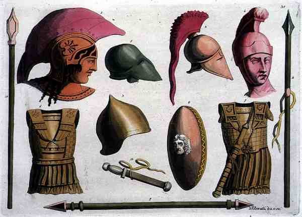 Példák etruszk fegyverekre és páncélokra, a „Costumi dei Romani”-ból, D. K. Bonatti metszet, 1805-20 körül (akvatinta) alkotó: Italian School