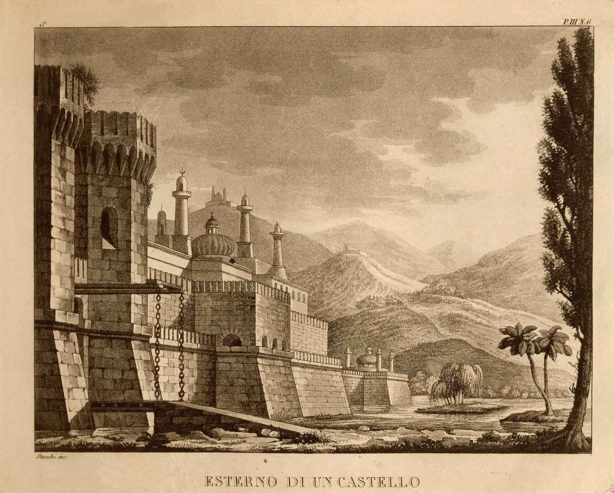 Egy kastély külseje, Gioachino Rossini (litho) „Ricciardo és Zoraide” I. felvonásának díszlete alkotó: Italian School