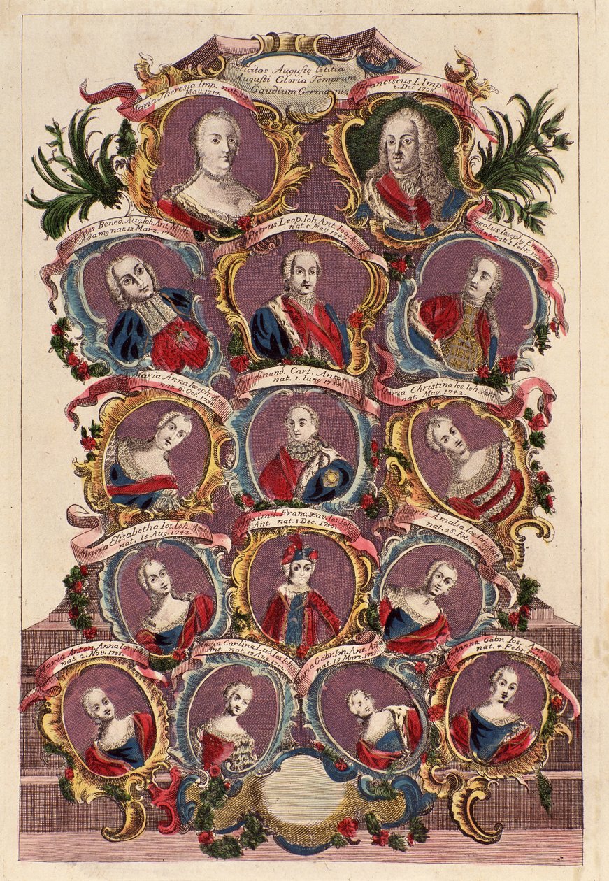 Habsburg Mária Terézia császárnő (1717-1780) családfája férjével I. Ferenccel gyermekeivel: Mária Erzsébet, II. József, Mária Amália, II. Lipót, Ferdinánd és Maximilian alkotó: Italian School