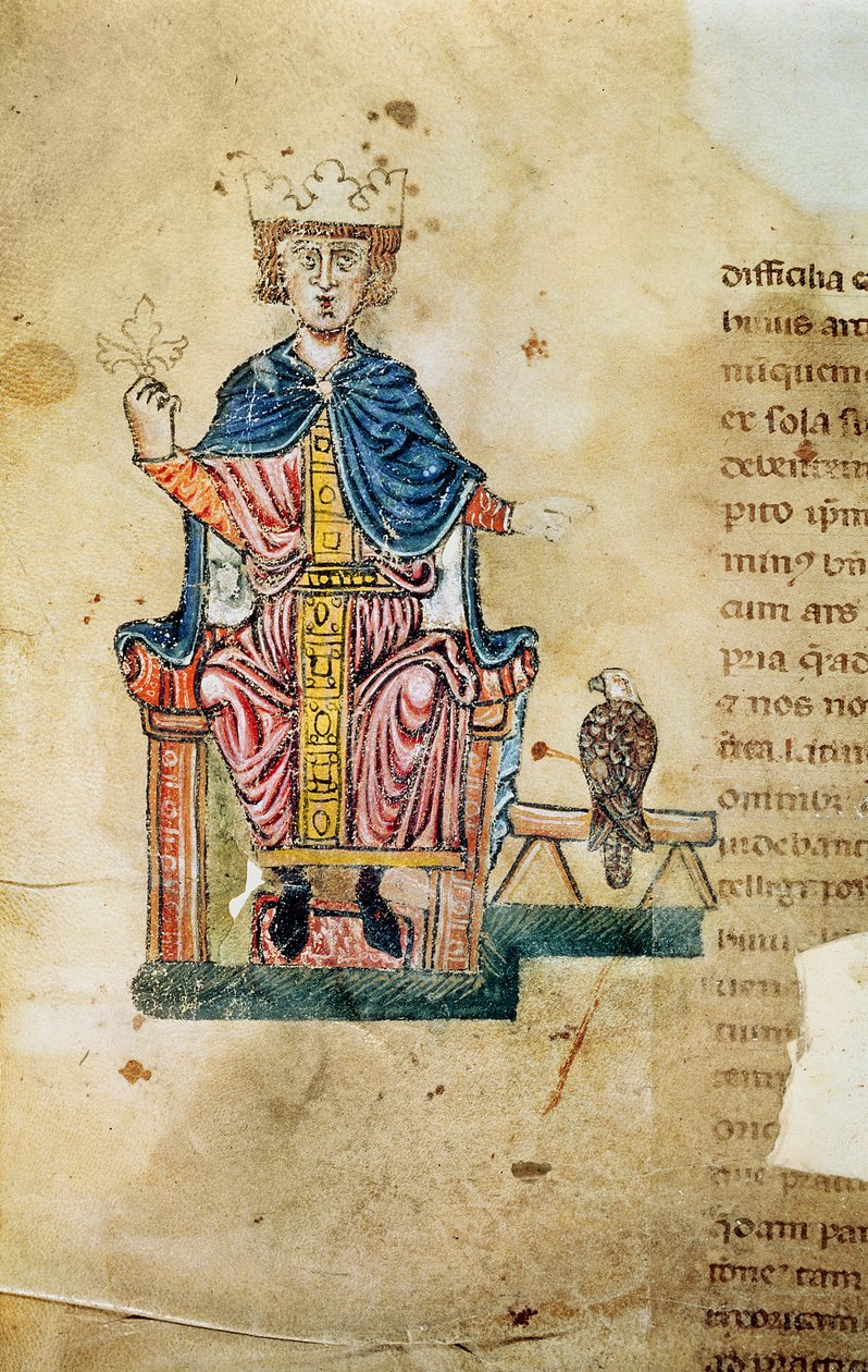 II. Federico of Svevia, illusztráció: A madarakkal való vadászat művészete, 1220-50 körül alkotó: Italian School