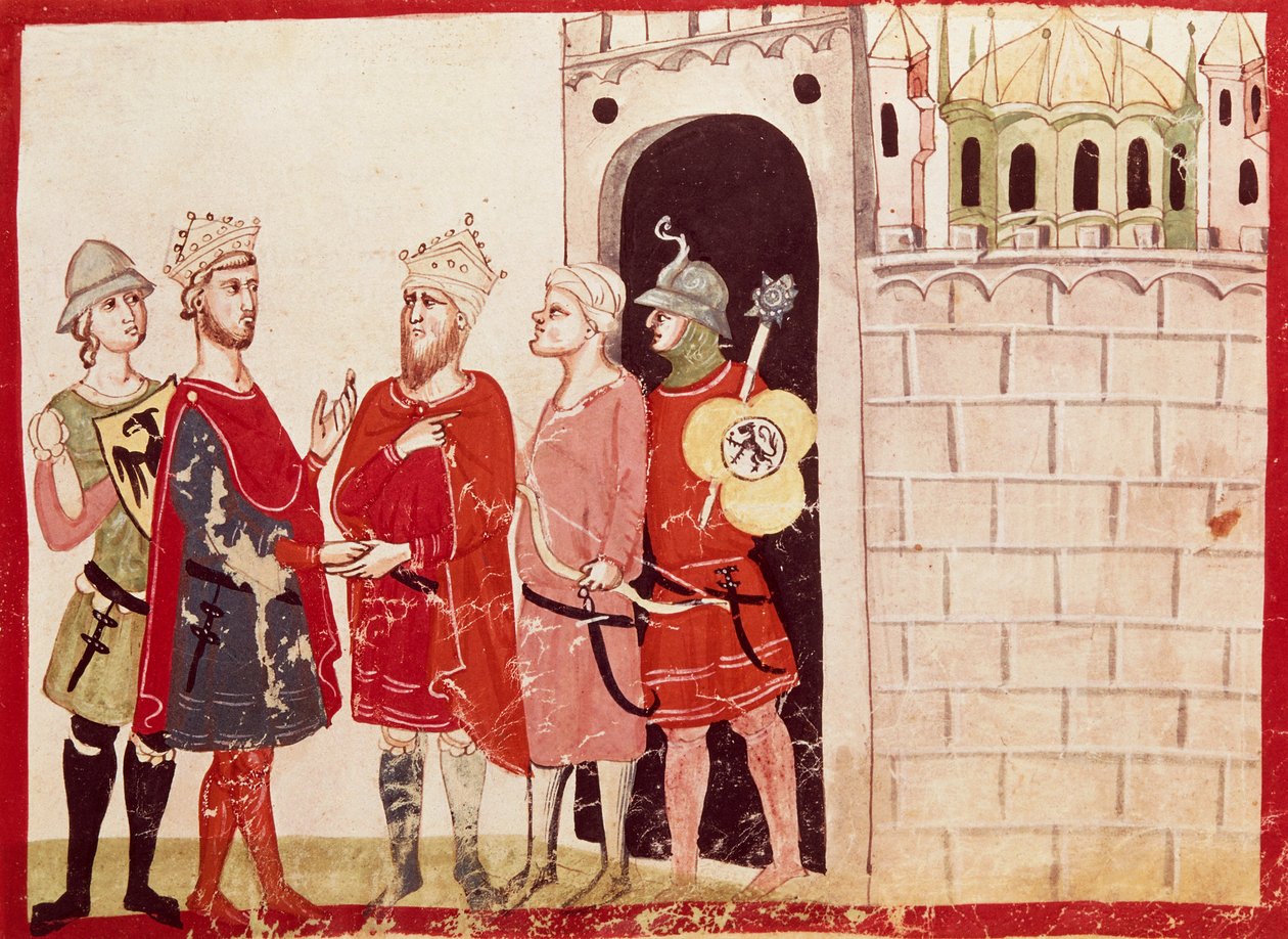 II. Federico megállapodásra jut a jeruzsálemi szultánnal, miniatűr Giovanni Villani krónikáiból, kézirat, Olaszország 14. század. alkotó: Italian School