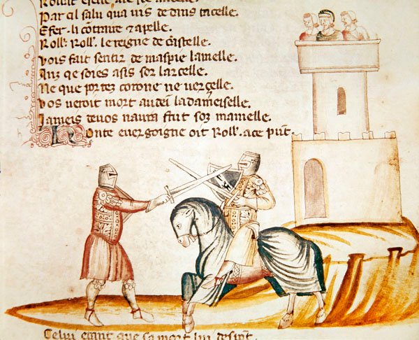 Harc egy lovas katona és egy gyalogos katona között a Codex Entree dEspagne-tól alkotó: Italian School