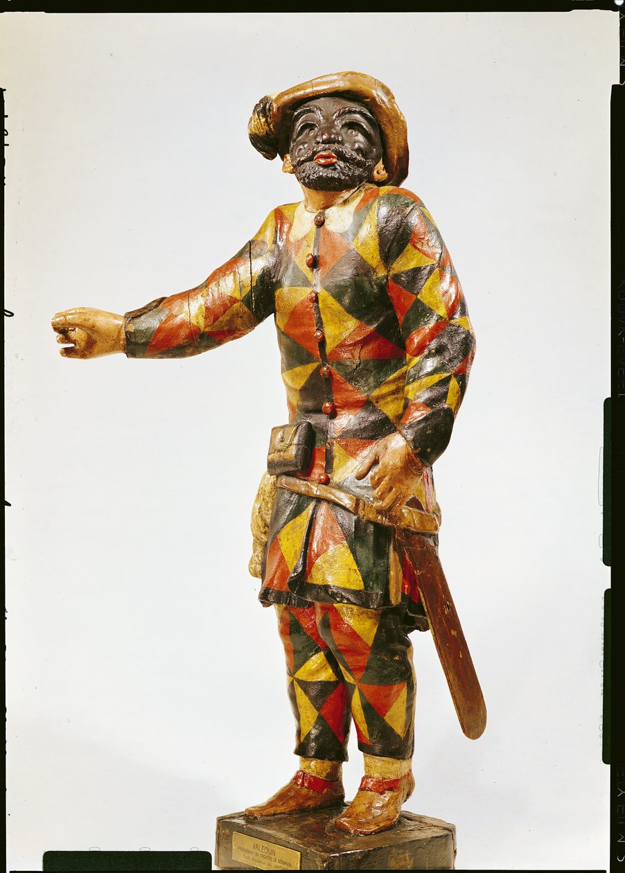 Harlekin figura a Seraphin Színházból (polikróm fa) alkotó: Italian School