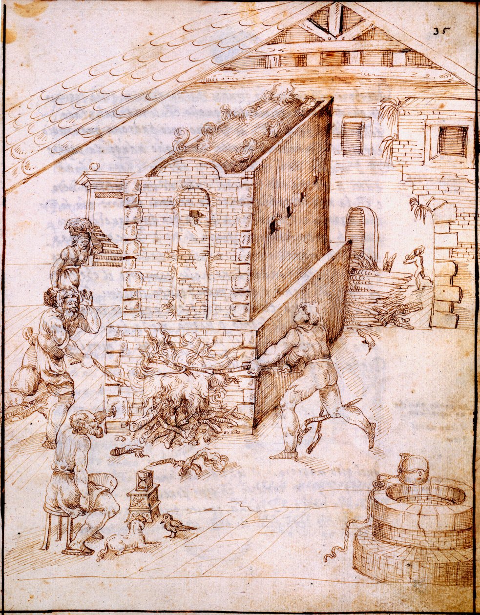 Egy korai kemence tüzelése, 1630-as évek (kéziratos pergamen) alkotó: Italian School