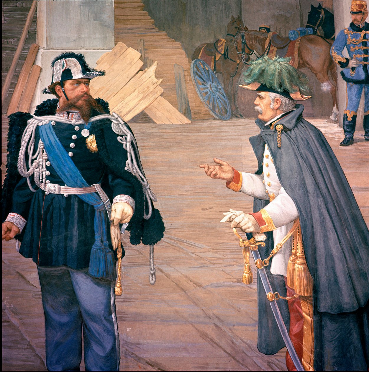 Első olasz szabadságharc: „” a novarai csata (Novara) 1849. 09. 13-án”” Bicoque-i csatának is nevezik. Vittorio Emanuel (Victor Emmanuel) (Victor-Emmanuel) II (1820-1870) és Joseph Radetzky (1766-1858). Egy freskó részlete alkotó: Italian School