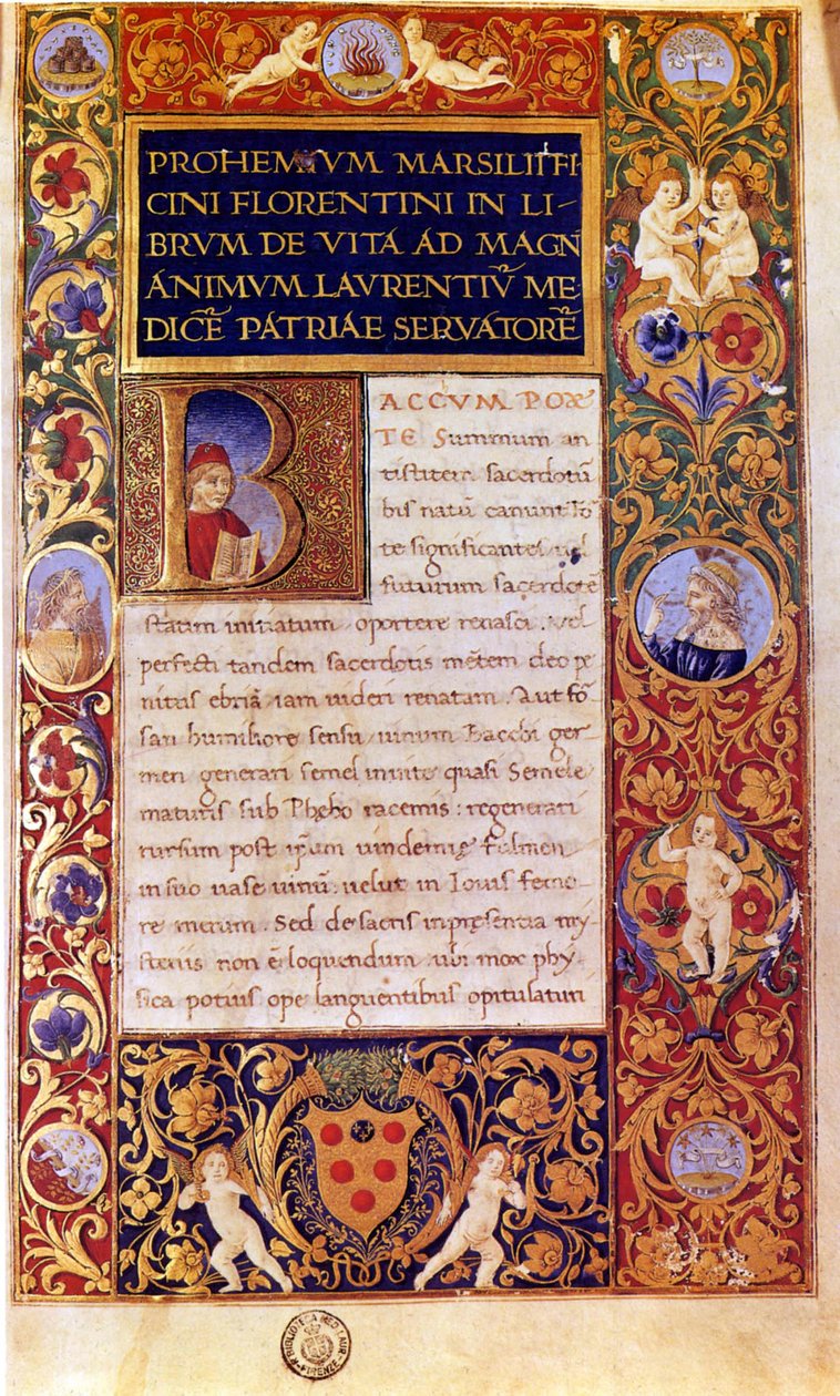 Marsilio Ficino „De vita libri tres” című művének első oldala (toll és tinta, tempera és arany pergamen) alkotó: Italian School