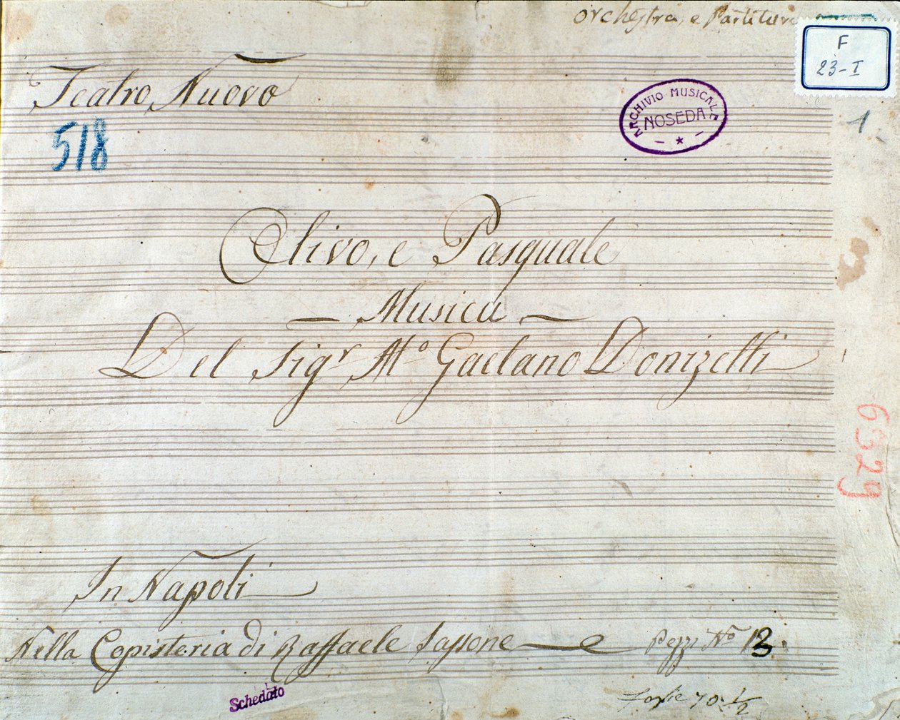 Gaetano Donizetti „Olivo e Pasquale” című operájának kotta első oldala (tintával papíron) alkotó: Italian School