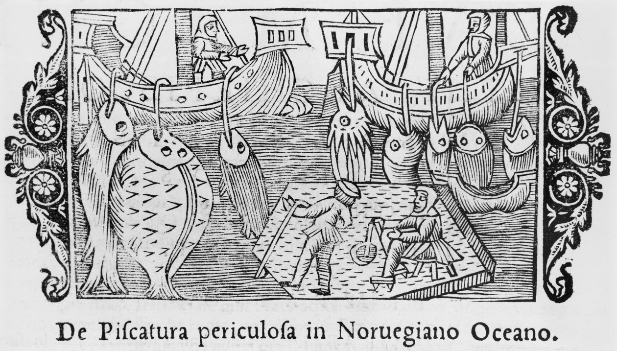 Halászat a Norvég-óceánon, Olaus Magnus (1490-1558) illusztrációja az északi nemzetek történetéből, megjelent Rómában, 1555 alkotó: Italian School