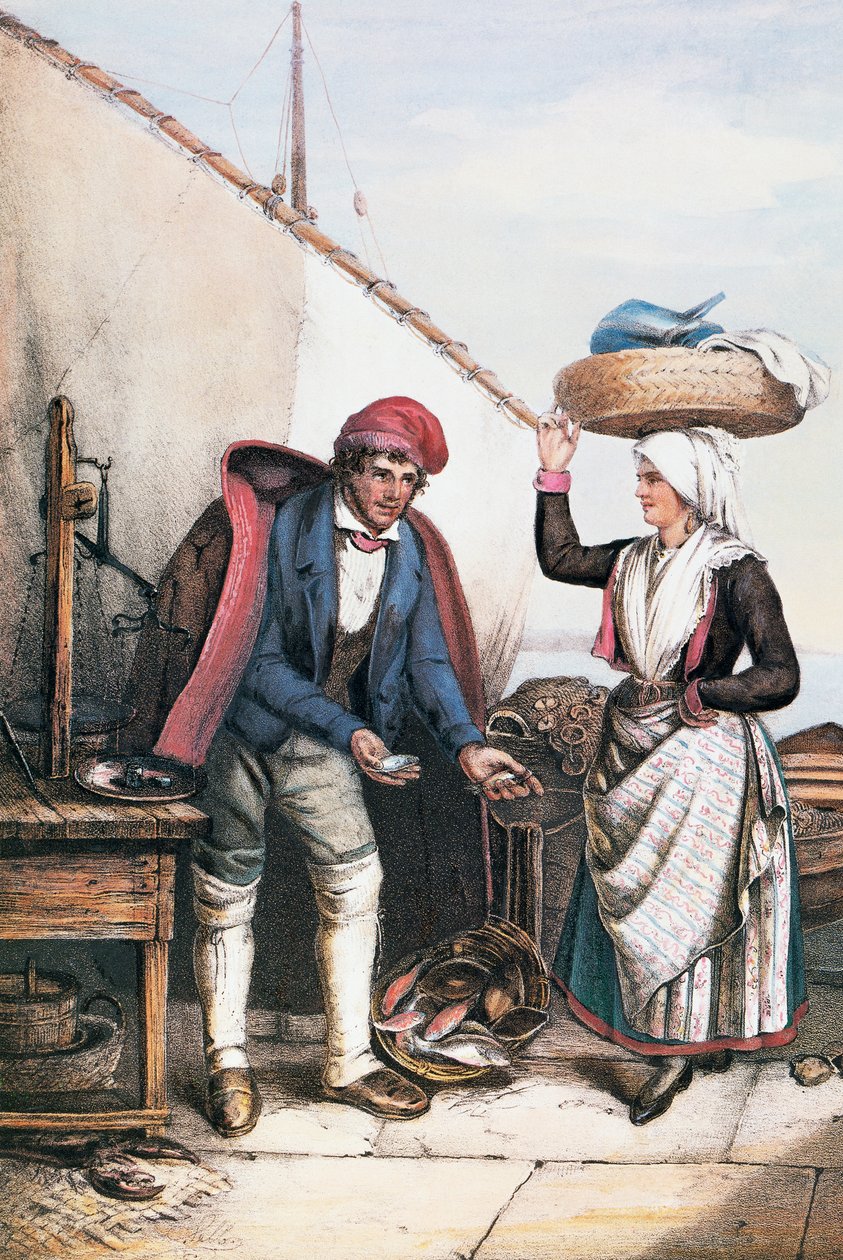 Halkereskedő és paraszt, illusztráció az Isztriai jelmezekből, Olaszországból alkotó: Italian School