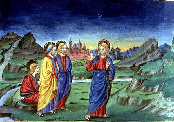 Fol.103v A színeváltozás után Krisztus azt mondja az apostoloknak, hogy ezt a tényt csak a feltámadás után fedjék fel (vellum) (lásd: 142186) alkotó: Italian School