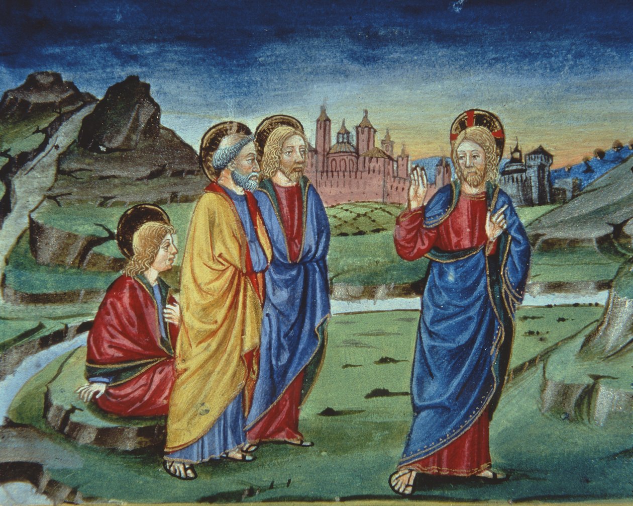 Fol.103v A színeváltozás után Krisztus azt mondja az apostoloknak, hogy ezt csak a feltámadás után fedjék fel (vellum) (részlet) alkotó: Italian School