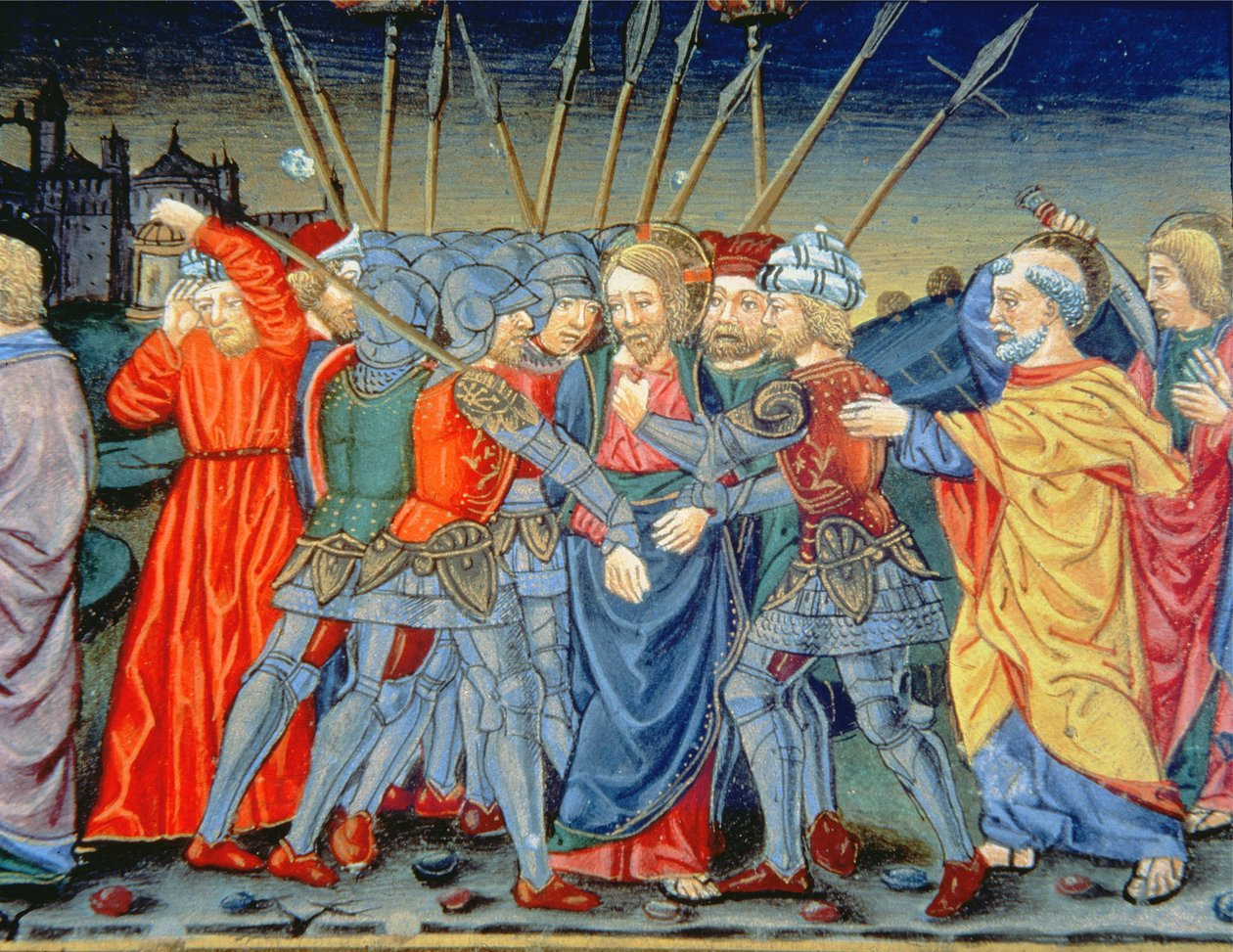 Fol.105v Simon Péter megvédi Krisztust, és karddal (vellum) megsebesít egy katonát alkotó: Italian School