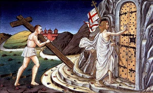 Fol.125va Krisztus halála után megfordul, hogy az igazak lelkét a Paradicsomba vezesse (vellum) alkotó: Italian School