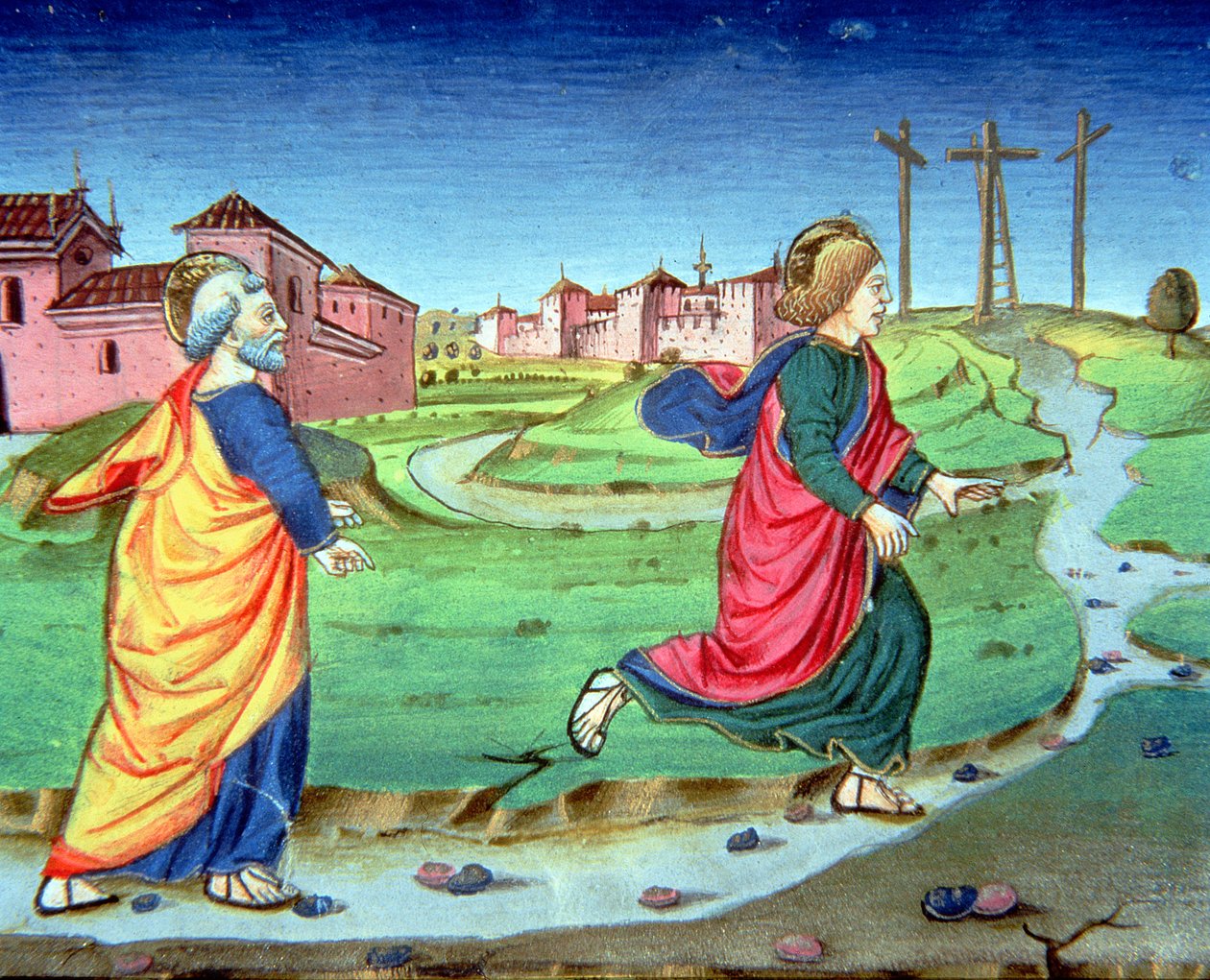 Fol.129vb Mária Magdolna a feltámadás hírét adja Simon Péternek (vellum) alkotó: Italian School