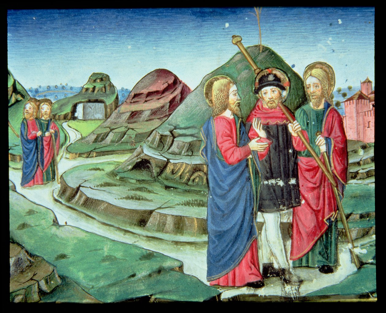 Fol.130v Krisztus elkísér két tanítványt Emmausba anélkül, hogy észrevennék, hogy Ő az (vellum) alkotó: Italian School