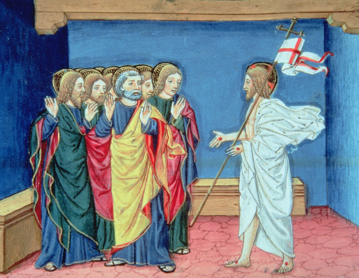 Fol.132va A feltámadott Krisztus megmutatja a tanítványoknak a kezét és az oldalán lévő sebet (vellum) alkotó: Italian School