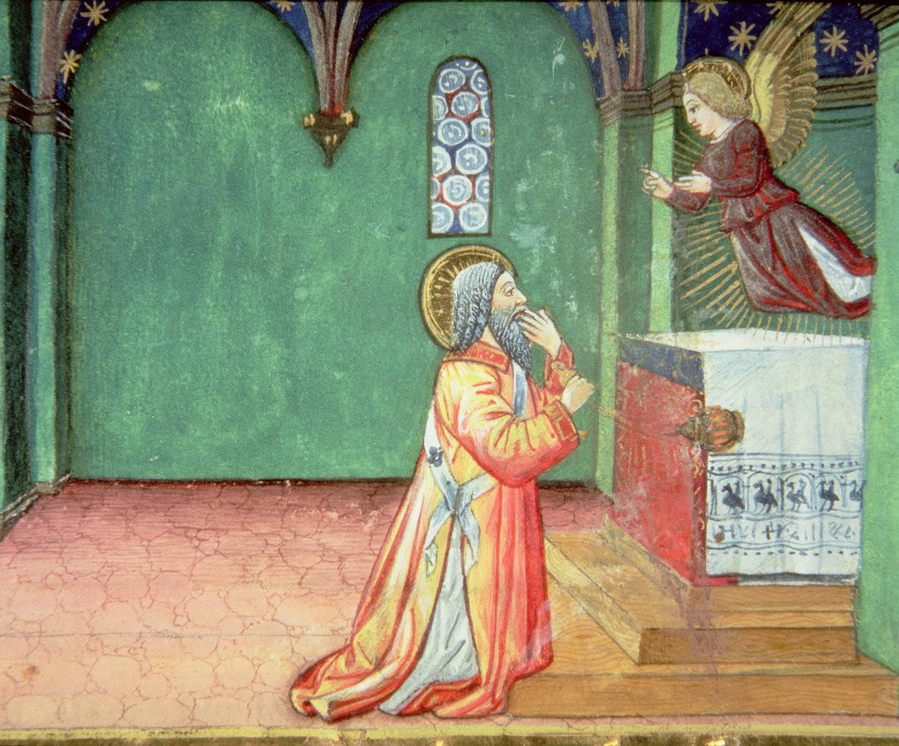 Fol.142r Angyal jelenik meg Zakariásnak a templomban (vellum) alkotó: Italian School