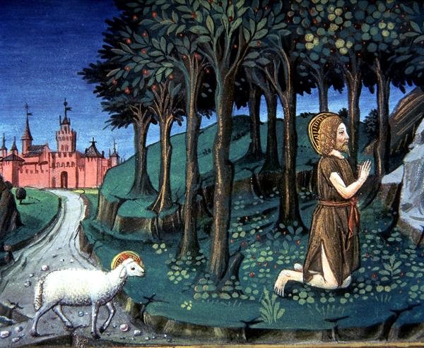 Fol.143v Keresztelő Szent János imádkozik a sivatagban (vellum) alkotó: Italian School