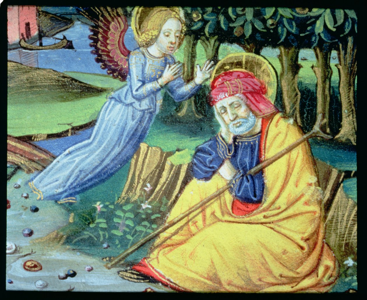 Fol.37v Egy angyal azt mondja Józsefnek, hogy Mária gyermeket vár (vellum) alkotó: Italian School