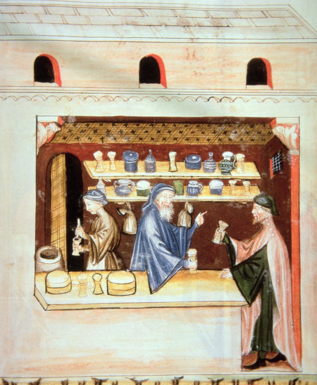 Fol.53v Kakukkfű készítése és értékesítése, illusztráció a Tacuinum Santiatis Codex Vindobonensisből alkotó: Italian School