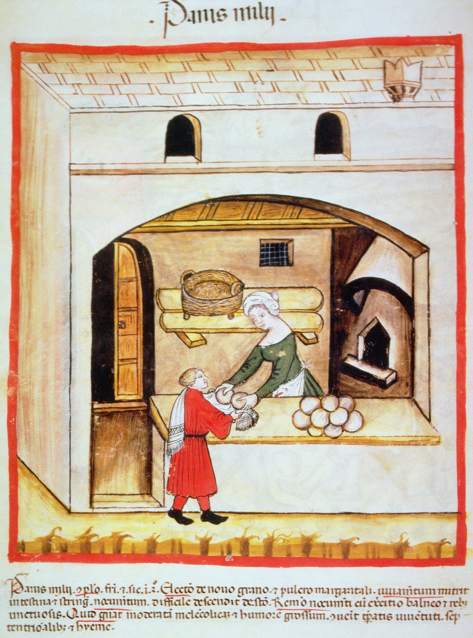 Fol.64v Köleskenyér készítése, illusztráció a Tacuinum Santiatis Codex Vindobonensisből alkotó: Italian School