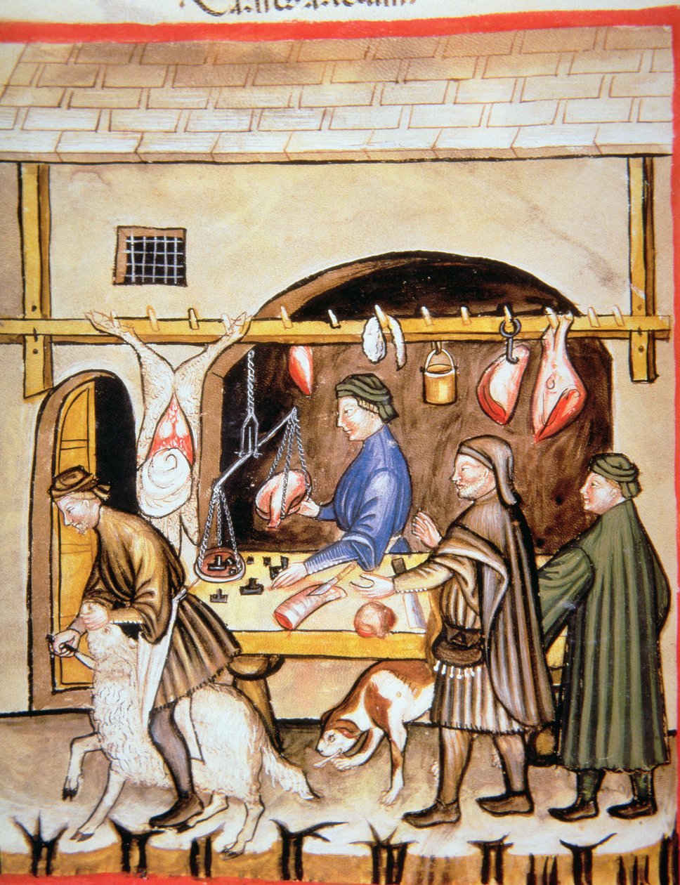Fol.72v A hentesek: Birkahús árusítása, a Tacuinum Sanitatis illusztrációja alkotó: Italian School