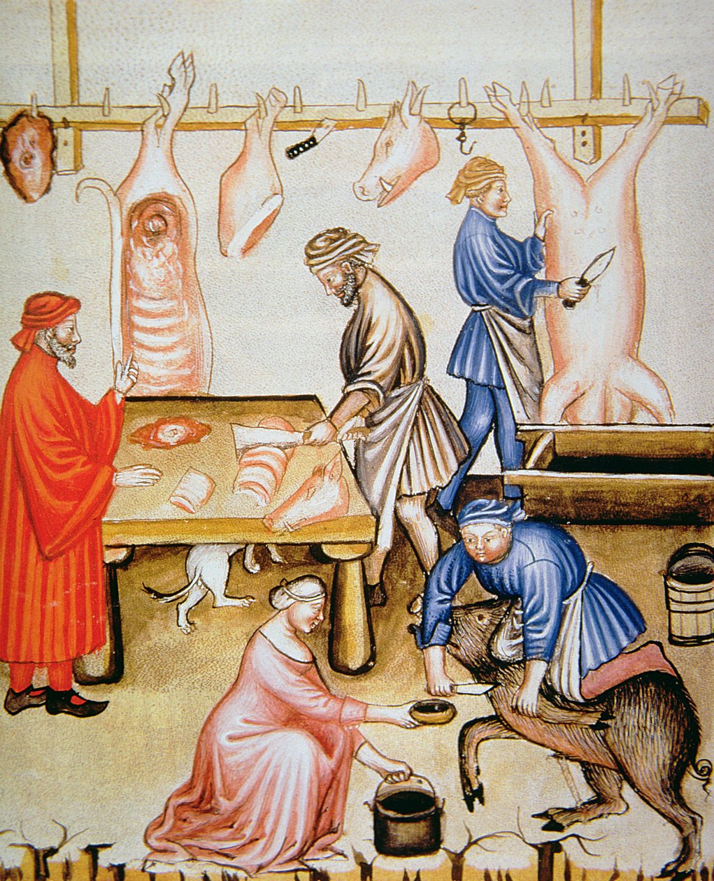 Fol.74v A hentesek: Disznóhús, illusztráció a Tacuinum Santiatis Codex Vindobonensisből alkotó: Italian School