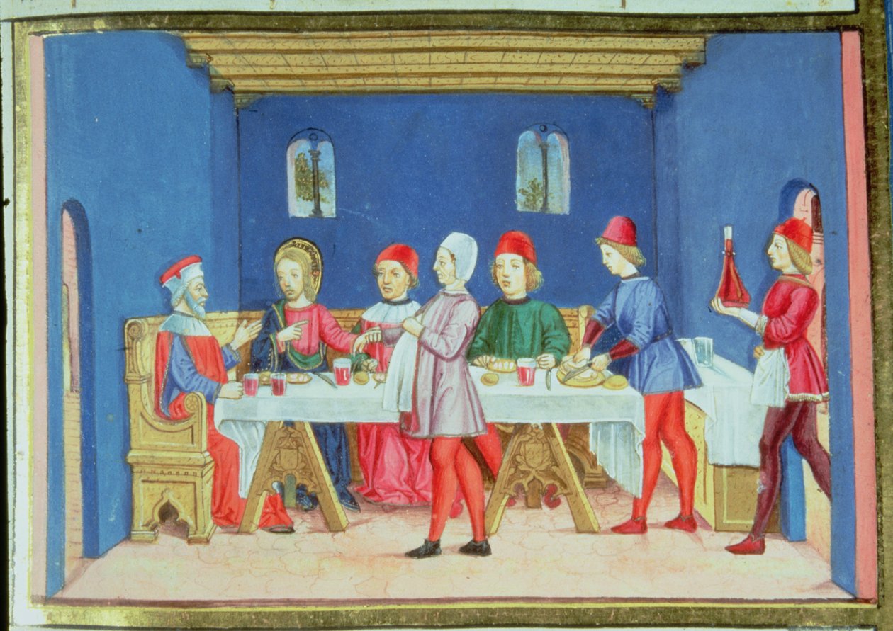 Fol.75v Jézus étkezés közben a farizeus házában megkérdezi, szabad-e neki gyógyítani szombaton (vellum) alkotó: Italian School