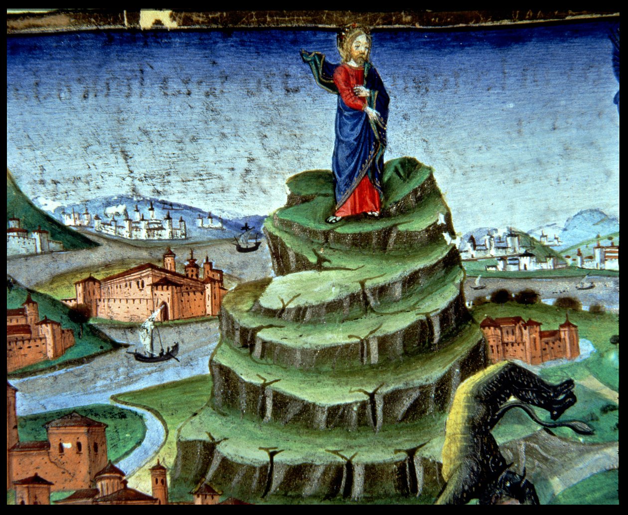 Fol.84r Az ördög másodszor is megkísérti Krisztust a hegyen (vellum) alkotó: Italian School
