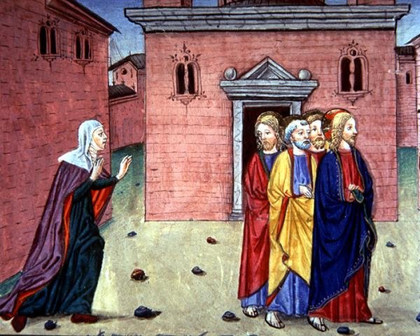 Fol.86v Krisztus találkozik egy nővel, és azt mondja: „meggyógyultál” (vellum) alkotó: Italian School