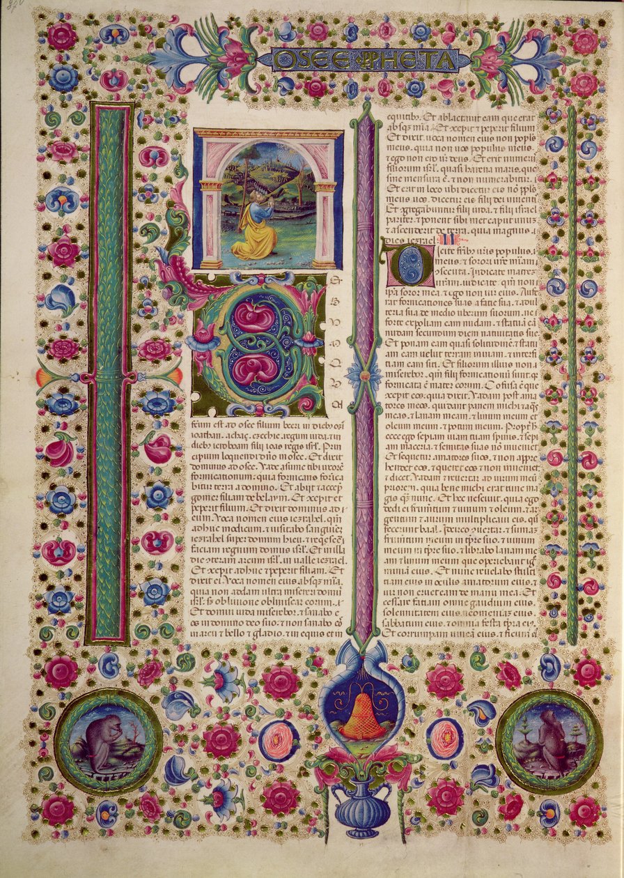 Fol.87v Hóseás próféta könyvének megnyitása (kispróféta, aki a bálványimádó zsidók ellen prédikál), a Borso d