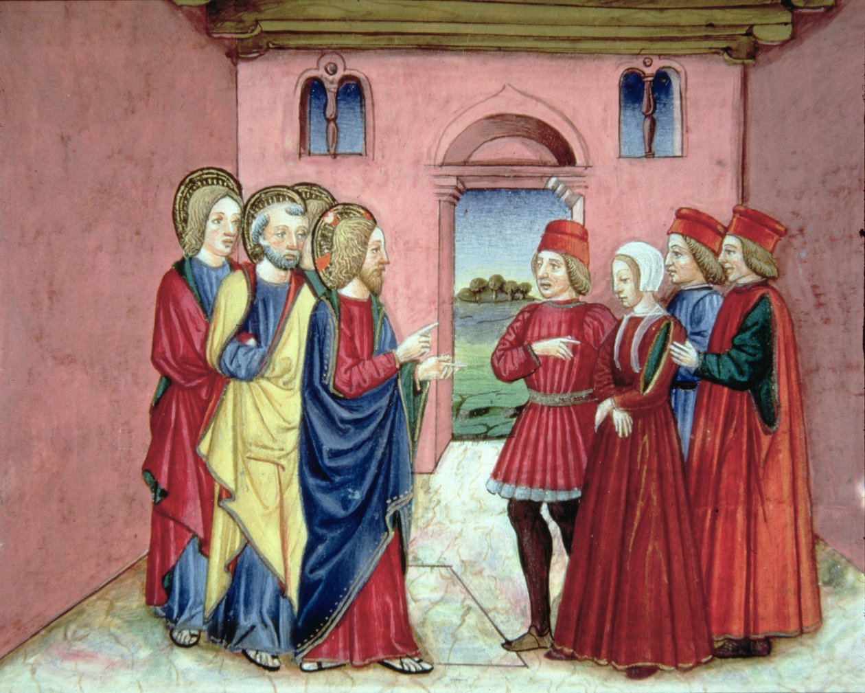 Fol.89R A farizeusok egy házasságtörésen elfogott nőt mutatnak be Krisztusnak (vellum) alkotó: Italian School