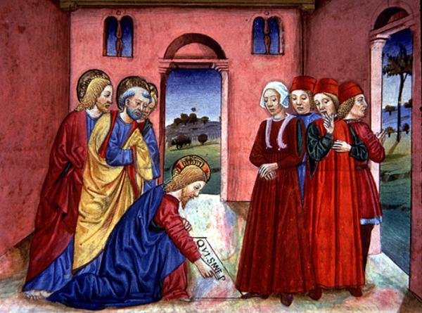 Fol.89r Krisztus azt írja a templom padlójára, hogy „aki bűntelen, az vesse az első követ” (vellum) alkotó: Italian School