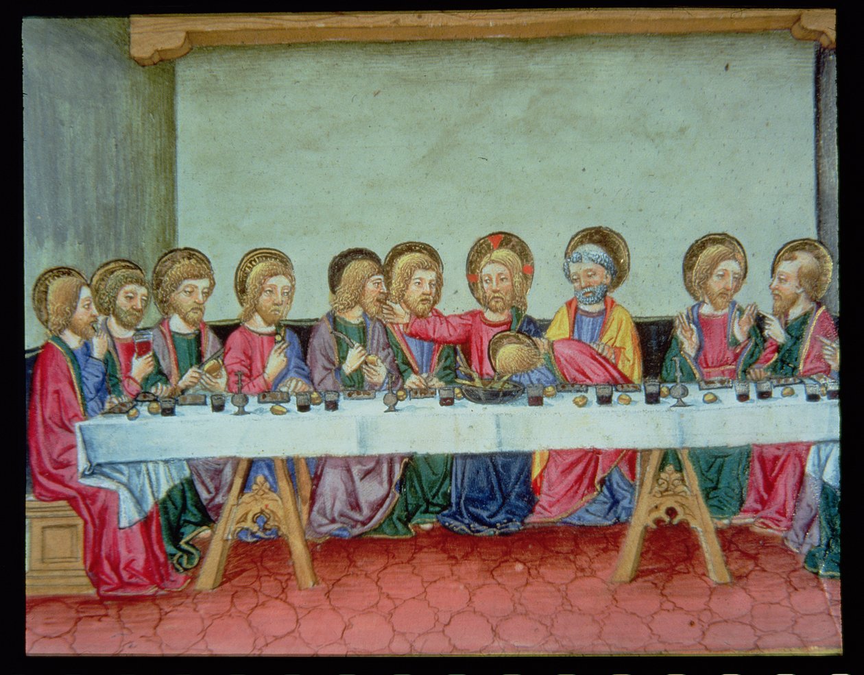 Fol.99v Az utolsó vacsora alatt Krisztus bejelenti, hogy az egyik apostol elárulja Őt (vellum) alkotó: Italian School