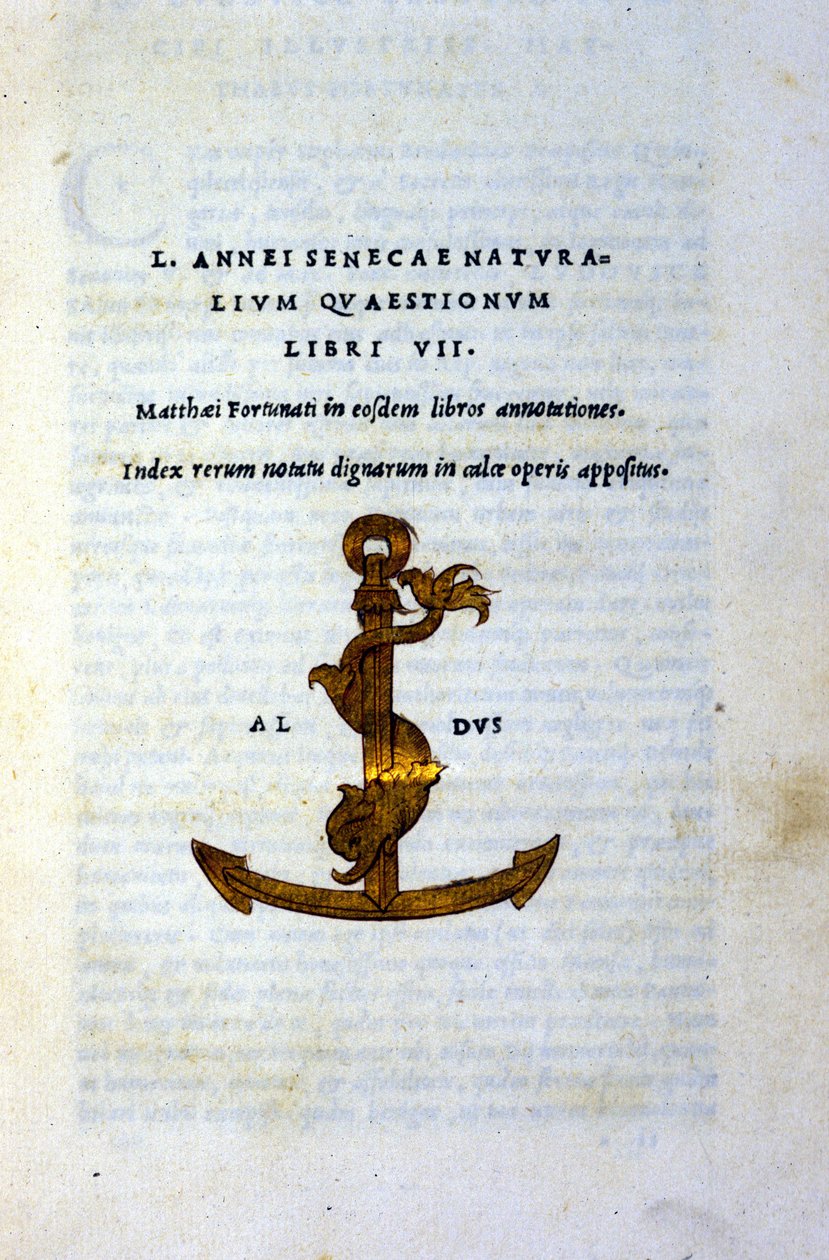 Seneque filozófus vagy Lucius Annaeus Seneca (Kr. e. 2 - Kr. e. 65) „Természetes kérdések VII. könyvének” vagy „Természetes kérdések VII. könyvének” előlapja. JC), 1503-ban nyomtatta Aldo Manuzio (Alde Manonce) (1450 - 1515)., velencei tudós és nyomdász. alkotó: Italian School