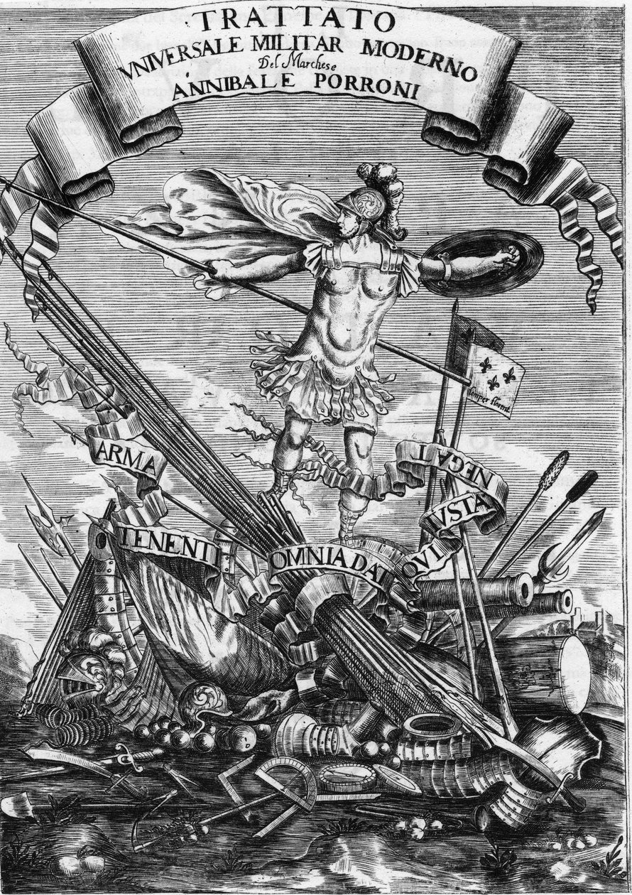 Az 1676-os „Modern Egyetemes Katonai Szerződés” (Modern Egyetemes Katonai Szerződés) frontispice alkotó: Italian School