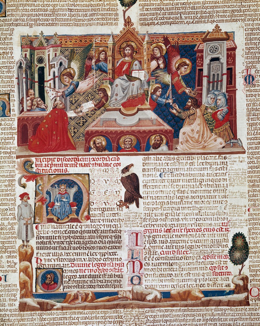 A "Decret de Gratien" ("Concordia discordantiorum canonum" vagy "Decretum Gratiani") 1140-ből származó kéziratának előlapja, amely a római katolikus egyház törvényeit és kánonjait szabályozza. 14. századi Siena, Biblioteca degli Intronati alkotó: Italian School