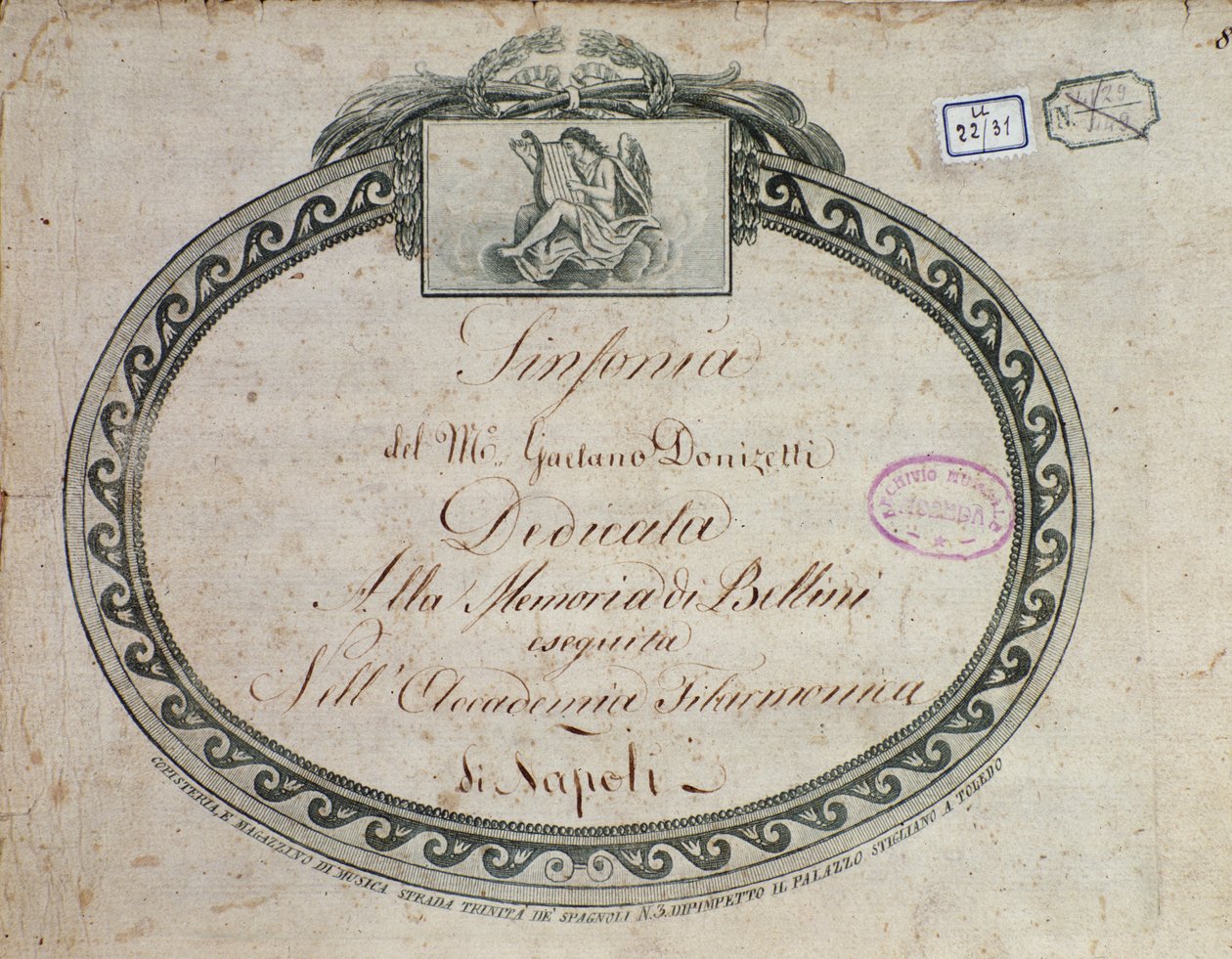 Gaetano Donizetti (1797-1848) "Esz-dúr szimfónia: Bellini emlékének szentelt" című művének előlapi részlete. alkotó: Italian School