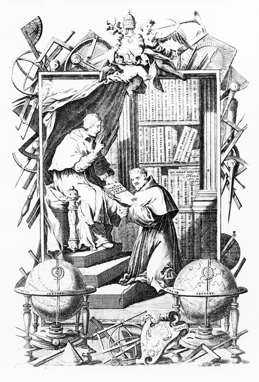 A Sacred-Profane Universal Library frontispiece, 1. kötet, Vincenzo Coronelli, Alessandro dalla Via nyomata, 1701-ben alkotó: Italian School