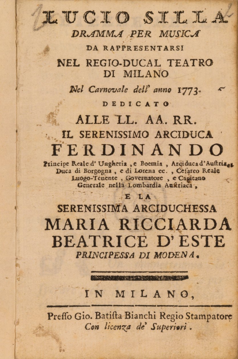 Mozarts Lucio Silla frontműve, Milánóban 1773-ban alkotó: Italian School