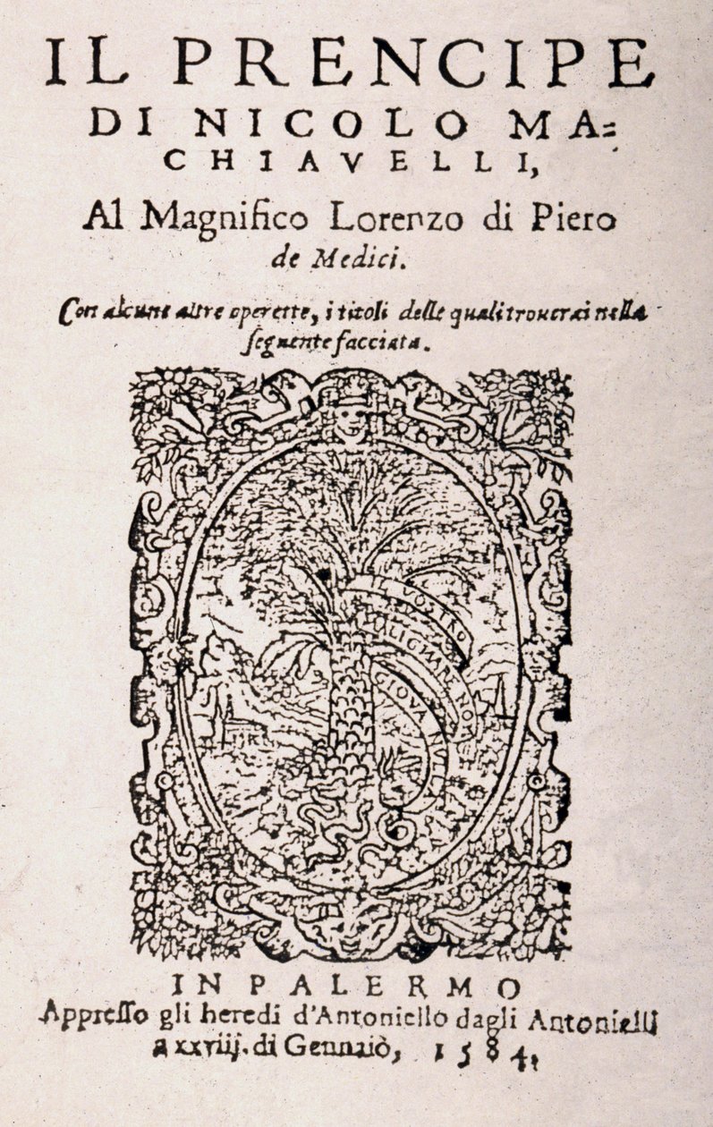Niccolo Machiavelli „The Prince” című művének előlapja (litho) alkotó: Italian School