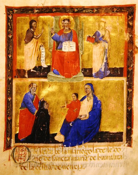 Homlokzat, a Madonna dellUmilita Konfraternitás világi céhének Mariegolájából, 1391 (tinta és aranylevél pergamen) alkotó: Italian School