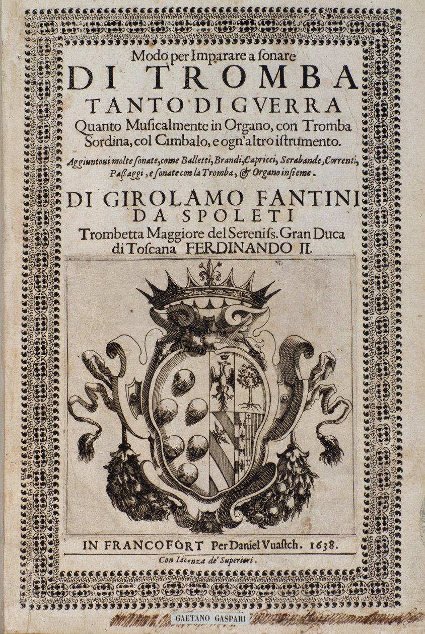 Girolamo Fantini (1600-1675) frontispiece of Way to learning trombita-tanulási módszer alkotó: Italian School